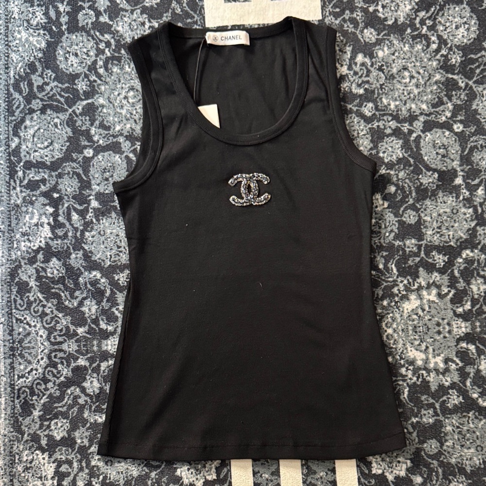 CHANEL Black Embellished CC Logo Tank Top